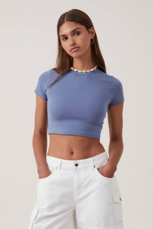 Camiseta Cotton On Micro Crop Mujer Azules | IVCKZ8iwlzH