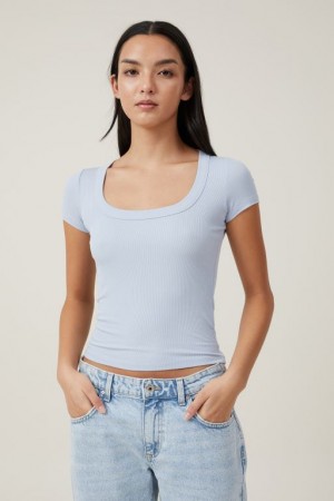 Camiseta Cotton On Staple Rib Scoop Neck Corta Sleeve Mujer Azules | SW4T3JFuKcj