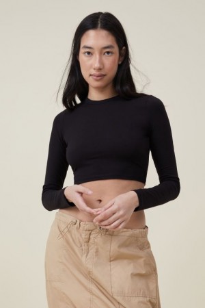 Manga Larga Cotton On Micro Crop Top Mujer Negras | yRSvjtSQ3LB