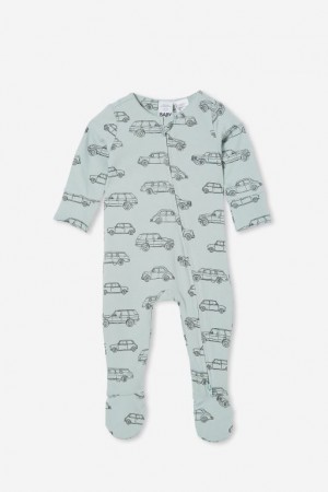 Rompers Cotton On The Long Sleeve Zip Bebe Gris Verde | 9tg2G8hWE2K