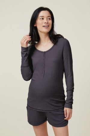 Ropa de Premamá Cotton On Sleep Recovery Henley Long Sleeve Mujer Negras | sxoj35X9ol5