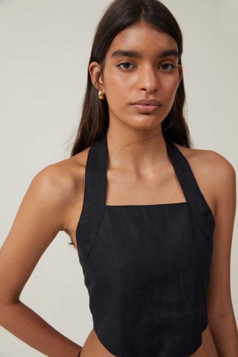 Camisas Cotton On Frankie Linen Halter Top Mujer Negras | CDGT3KJNDbu