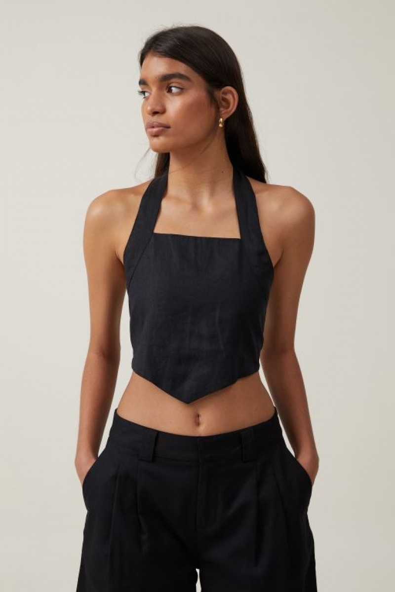 Camisas Cotton On Frankie Linen Halter Top Mujer Negras | CDGT3KJNDbu