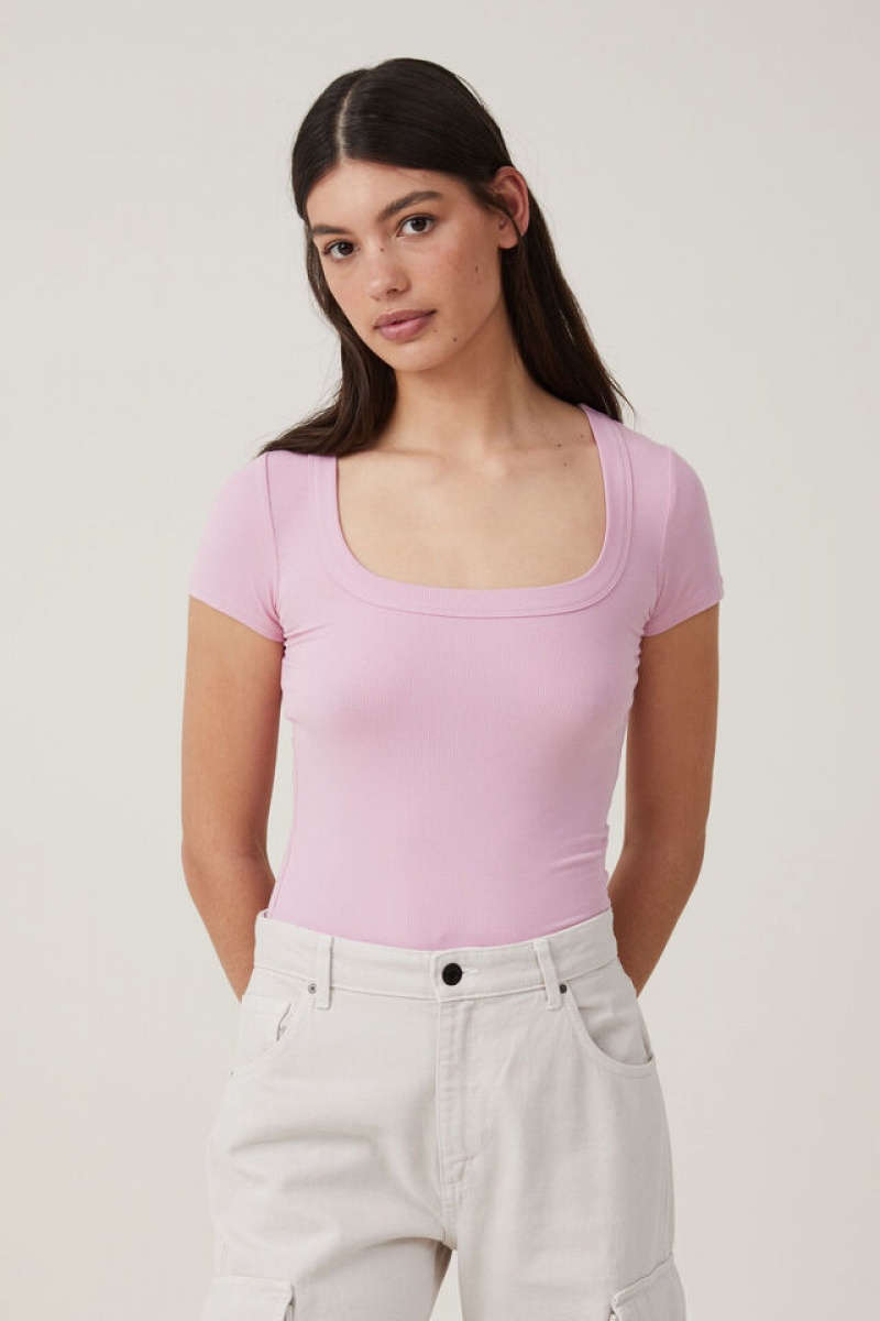 Camiseta Cotton On Staple Rib Scoop Neck Corta Sleeve Mujer Roseberry | 2YCGpvZAcWt