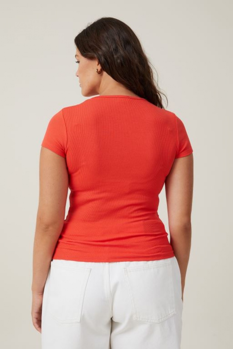 Camiseta Cotton On The One Organic Rib Crew Corta Sleeve Mujer Coral | BAbvOyoq9DA