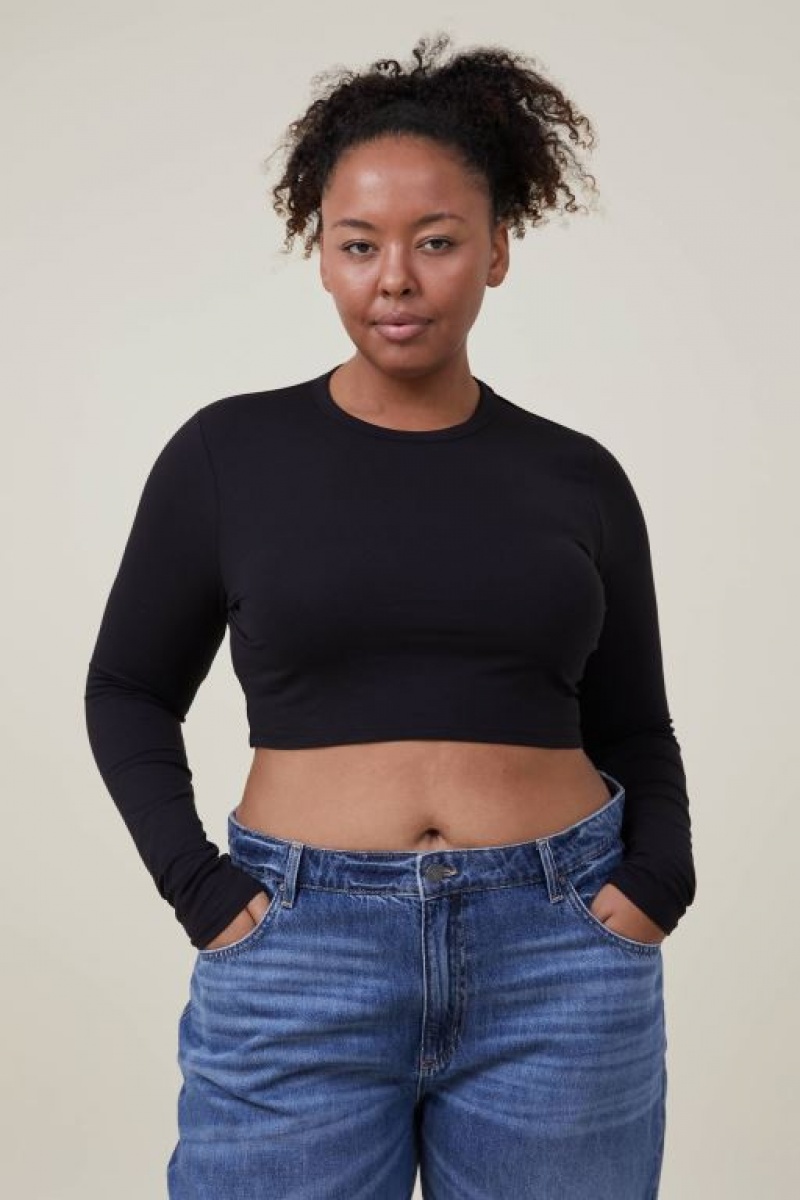 Manga Larga Cotton On Micro Crop Top Mujer Negras | yRSvjtSQ3LB