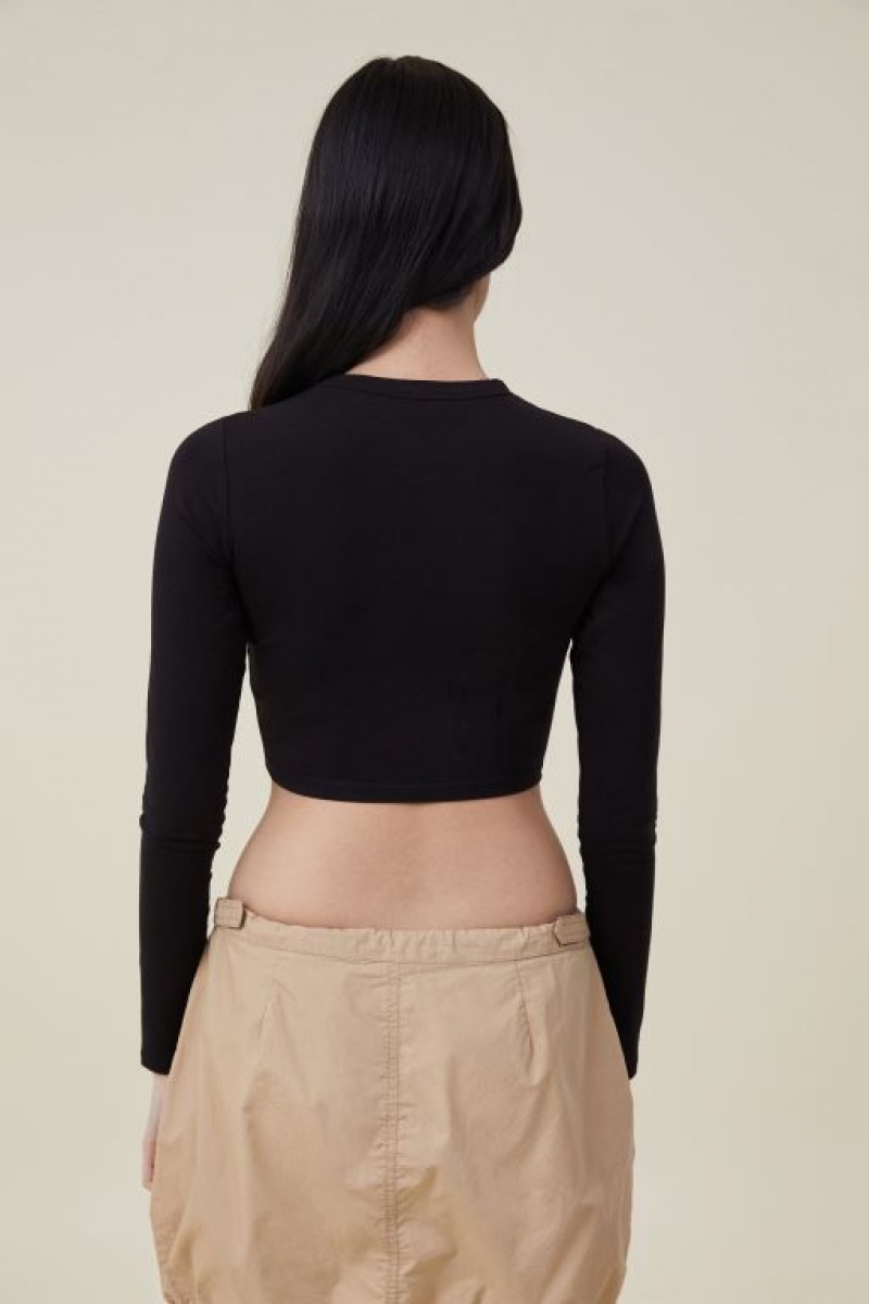 Manga Larga Cotton On Micro Crop Top Mujer Negras | yRSvjtSQ3LB