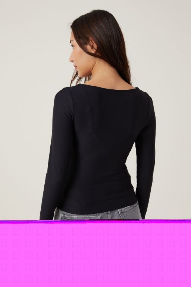 Manga Larga Cotton On Smooth Barco Neck Top Mujer Negras | WZN6Pdhmx43