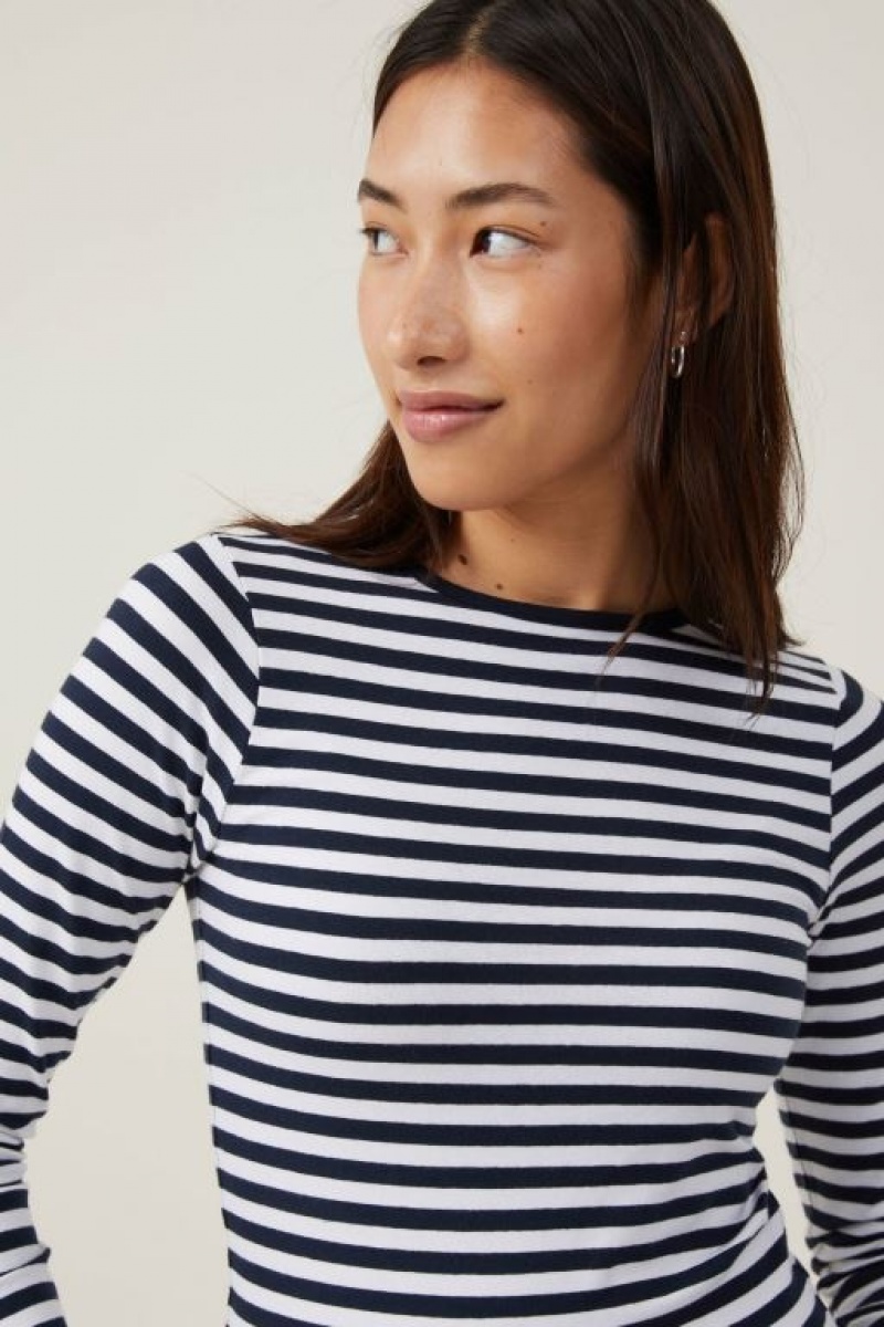 Manga Larga Cotton On The One Basic Crew Neck Top Mujer Rayadas Blancas Azul Marino | g7gxLFXkPN7