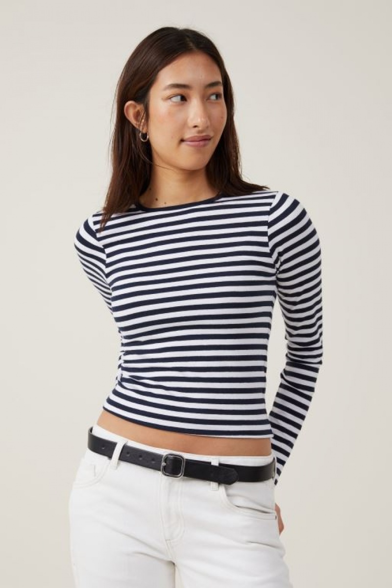 Manga Larga Cotton On The One Basic Crew Neck Top Mujer Rayadas Blancas Azul Marino | g7gxLFXkPN7