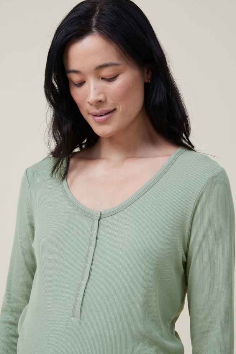 Ropa de Premamá Cotton On Sleep Recovery Henley Long Sleeve Mujer Verde | Qgs7SReG1f0