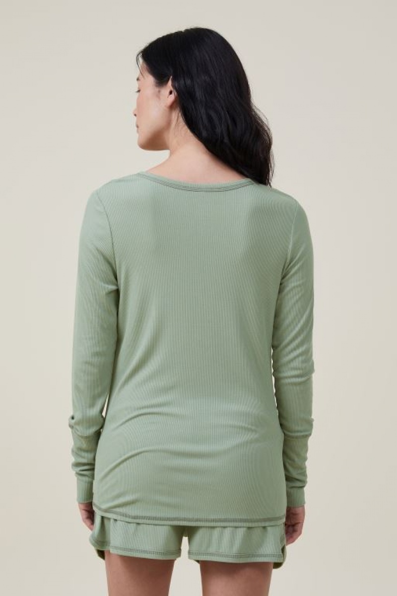 Ropa de Premamá Cotton On Sleep Recovery Henley Long Sleeve Mujer Verde | Qgs7SReG1f0