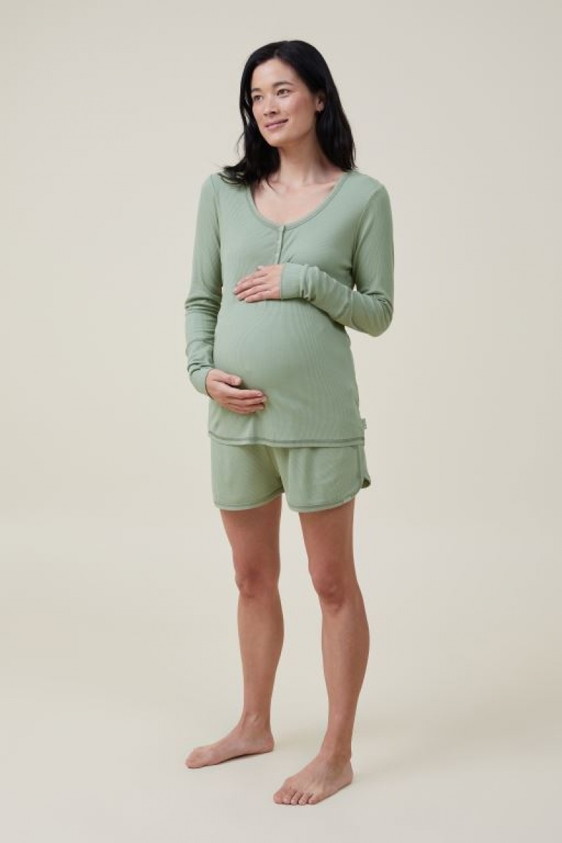 Ropa de Premamá Cotton On Sleep Recovery Henley Long Sleeve Mujer Verde | Qgs7SReG1f0