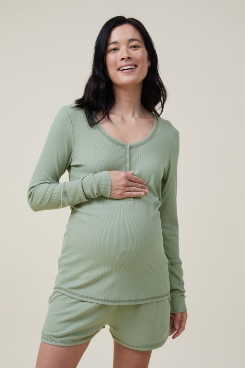 Ropa de Premamá Cotton On Sleep Recovery Henley Long Sleeve Mujer Verde | Qgs7SReG1f0