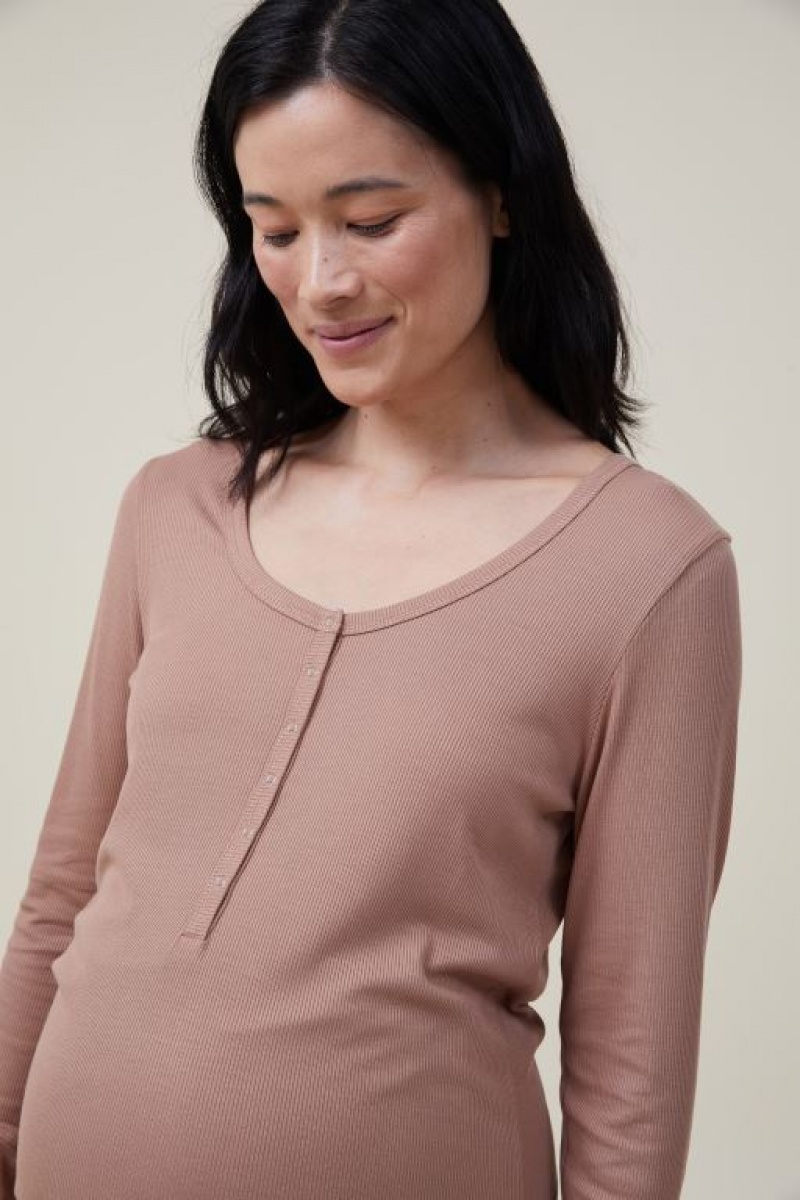 Ropa de Premamá Cotton On Sleep Recovery Henley Long Sleeve Mujer Cafe | XZzHU7cdUjf