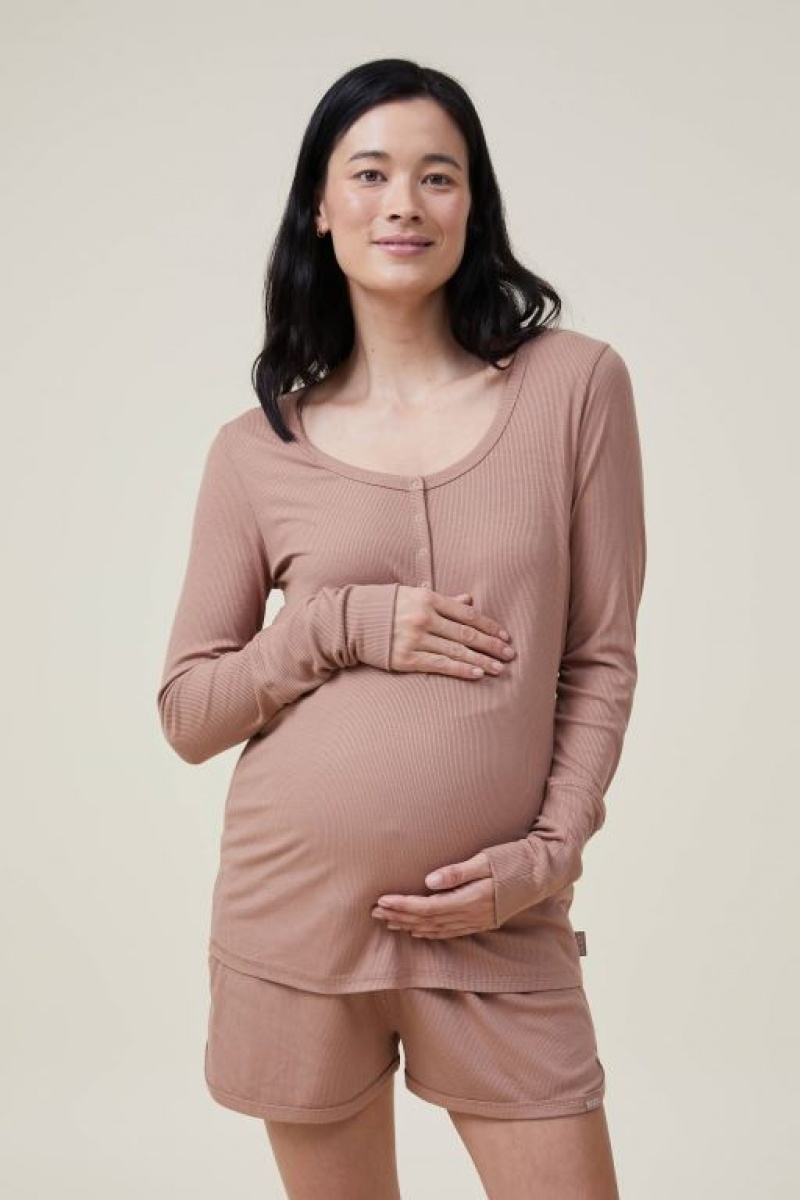 Ropa de Premamá Cotton On Sleep Recovery Henley Long Sleeve Mujer Cafe | XZzHU7cdUjf